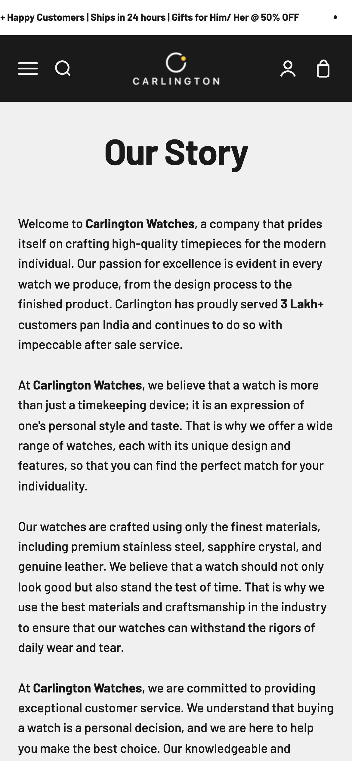Carlington About page on mobile