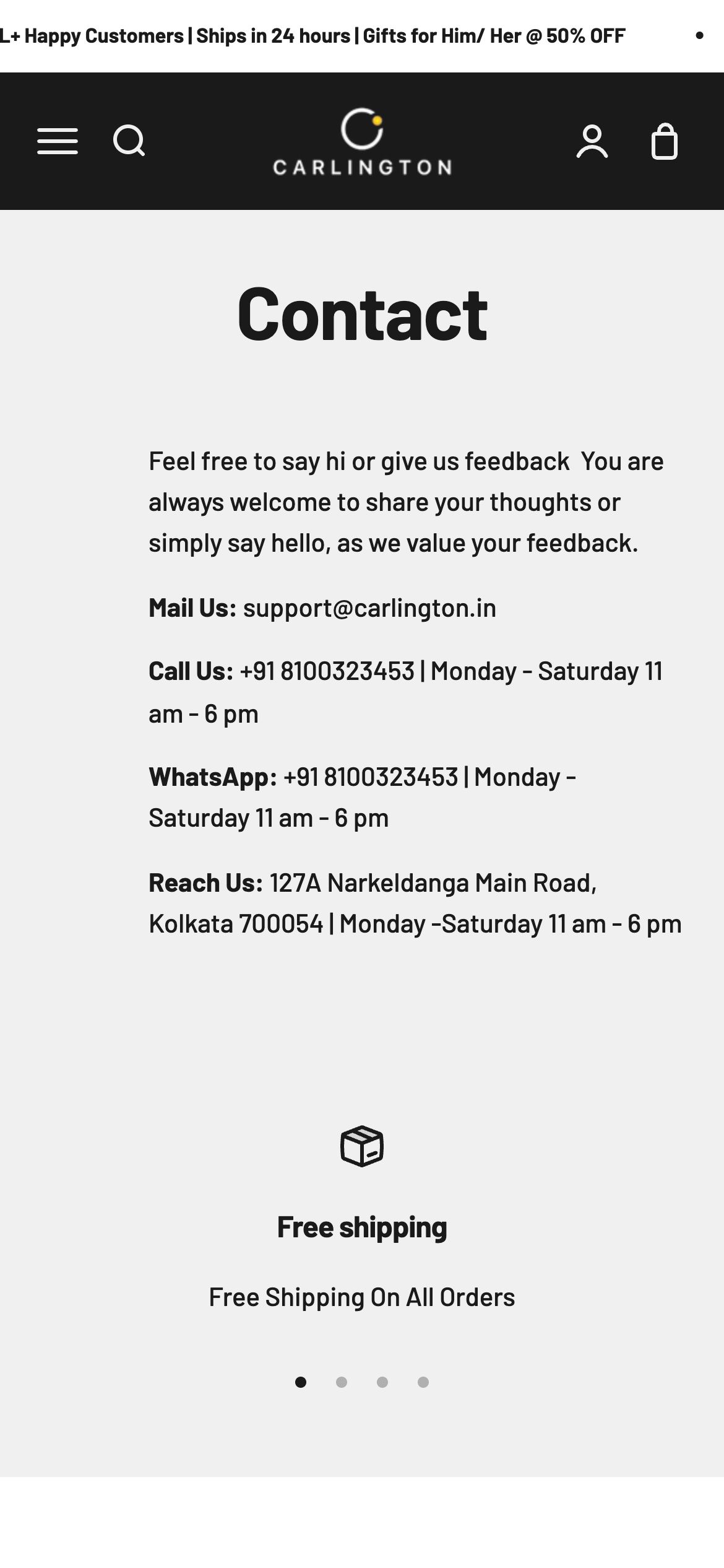 Carlington Contact / booking page on mobile