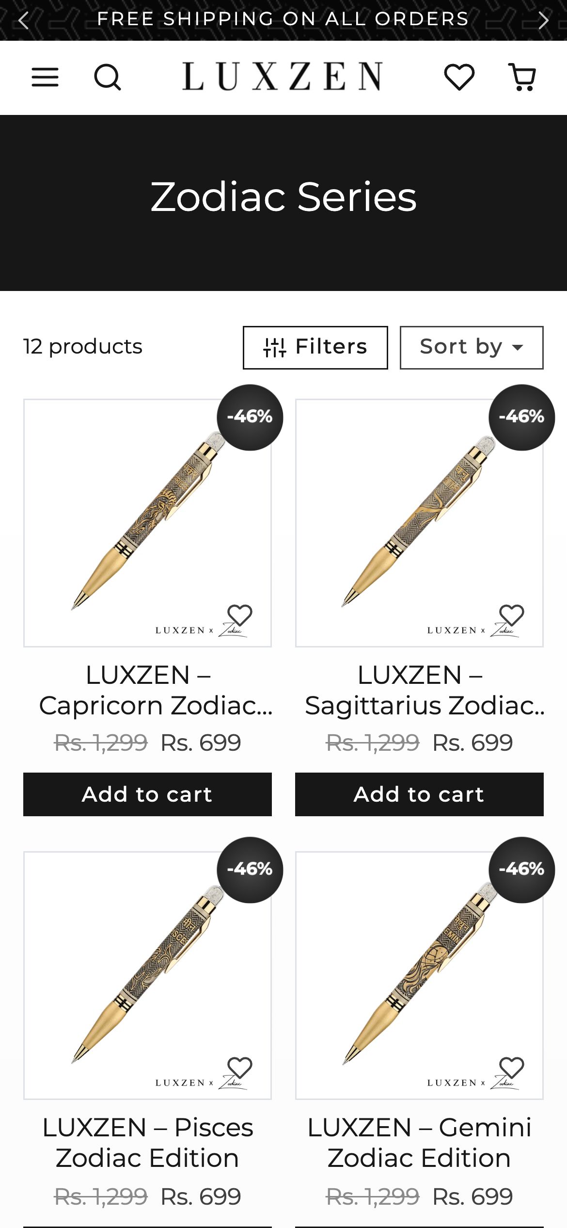 Luxzen Collection page on mobile