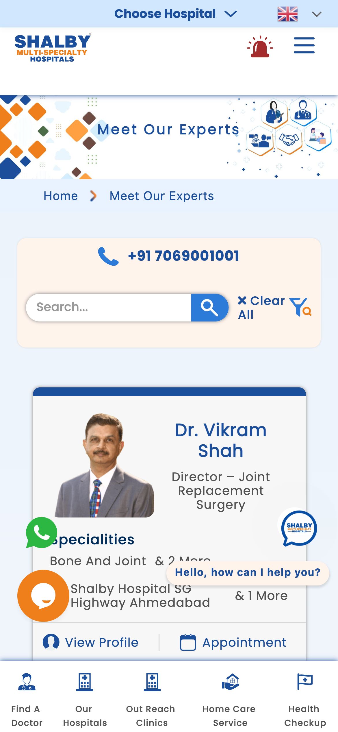 Shalby Hospitals Find-a-doctor page on mobile
