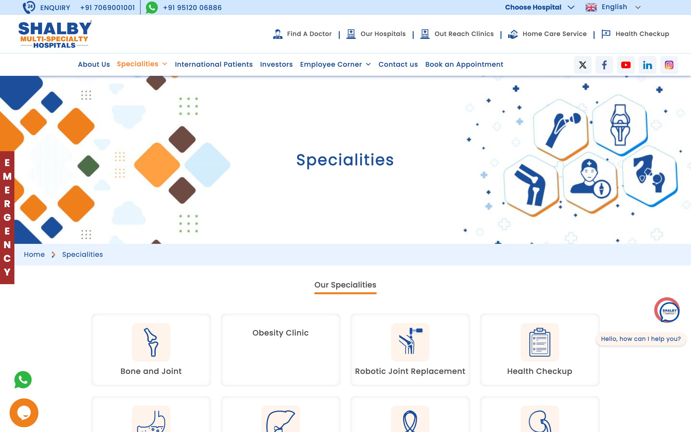 Shalby Hospitals Specialities page