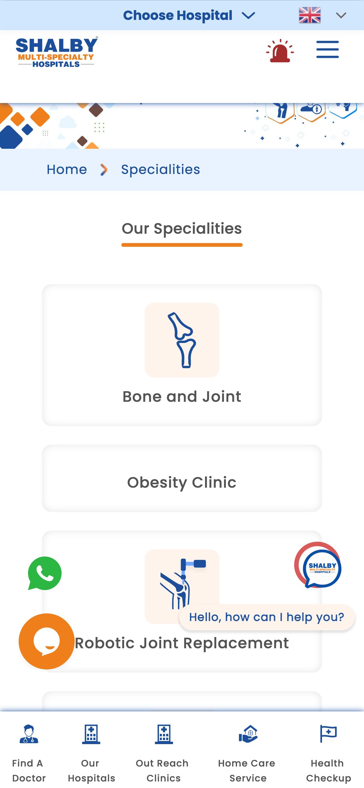 Shalby Hospitals Specialities page on mobile