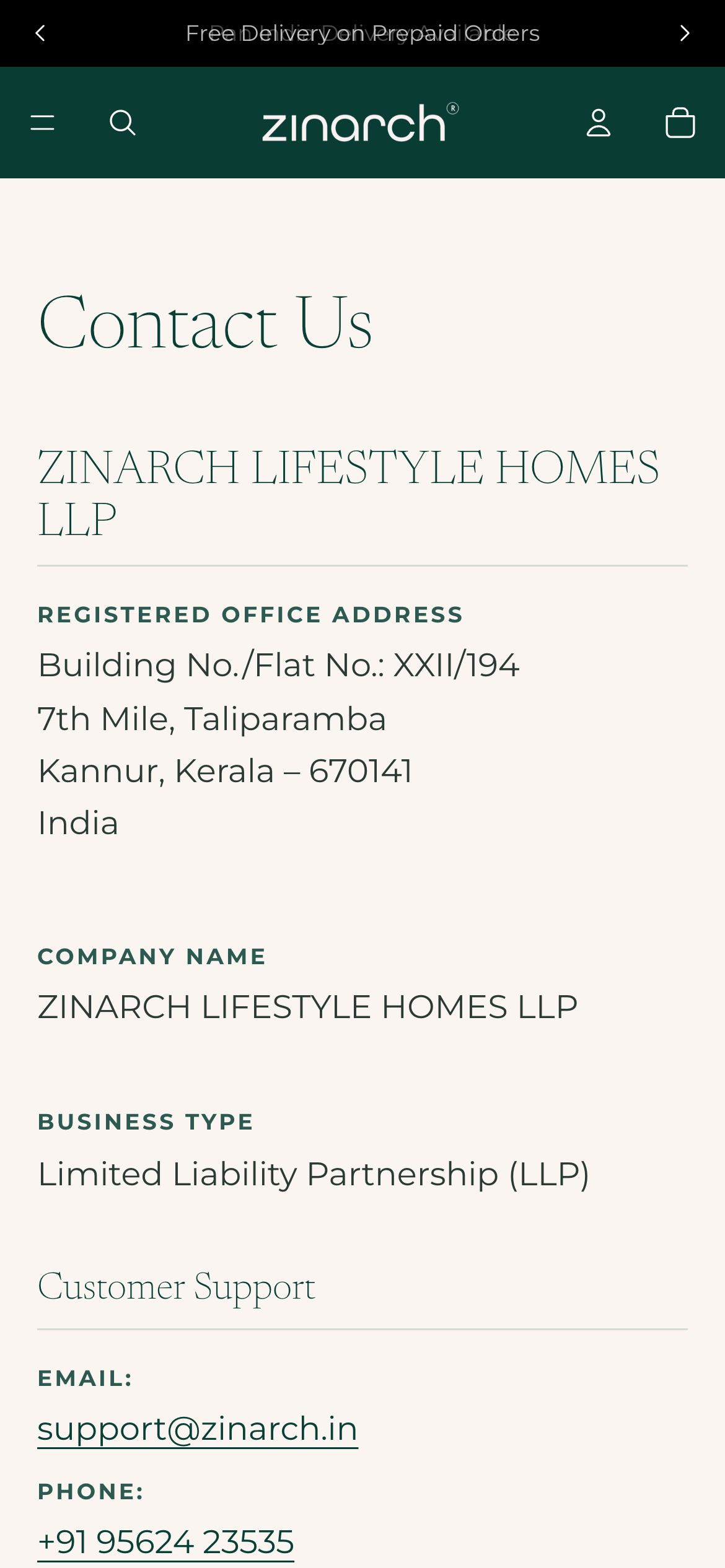 Zinarch Contact / booking page on mobile